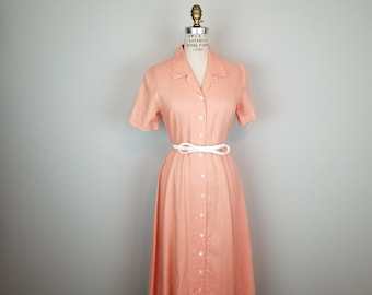Vestido camisero midi de lino color melocotón estilo primavera de los años 50 * Talla pequeña para mujer