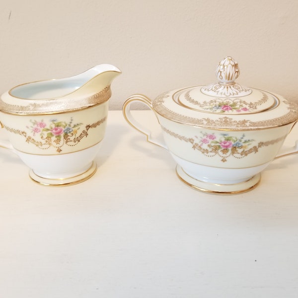 Vintage Noritake Morimura Gold Fleur Cream and Sugar Bowl with Ornate Gilding & Pink Roses RARE