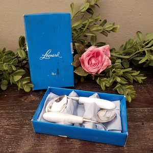 Vintage Leonard Silverplate Baby Spoon & Fork with Pearlized Handles in Original Box