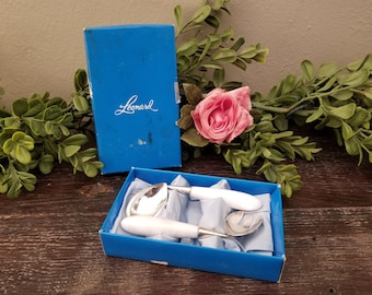Vintage Leonard Silverplate Baby Spoon & Fork with Pearlized Handles in Original Box