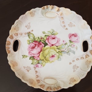 Antique Hand Painted Platter with Roses & Cut Out Handles Germany 1920&#39;s
