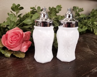 Vintage Embossed Floral Milk Glass Salt & Pepper Shaker Set