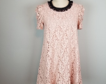Vintage Style Pink Lace A Line Shift Dress w/ Net Covered Black Beaded Neckline