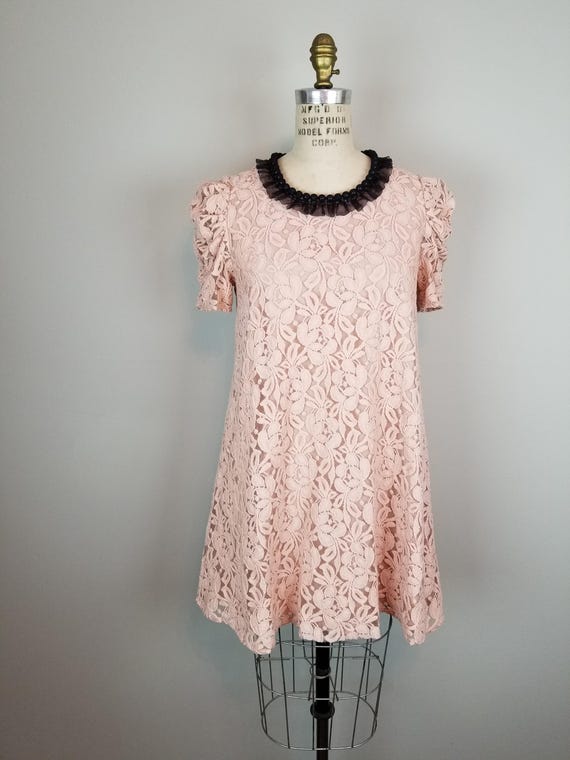 Vintage Style Pink Lace A Line Shift Dress w/ Net Covered Black Beaded Neckline