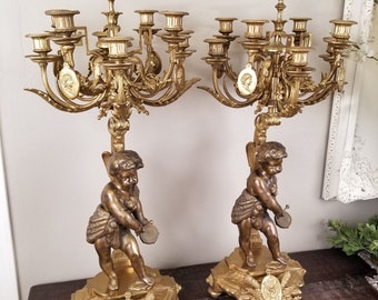 Pair of Large Brass Cherub Nine Light Candelabras * Late 19th Century