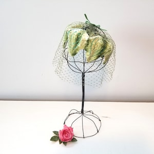 Vintage Green Velvet Leaves Casque Style Hat with Matching Blusher Veil 1950&#39;s