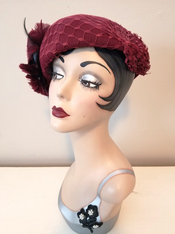 Vintage Burgundy Casque Style Hat with Net Veil O… - image 3