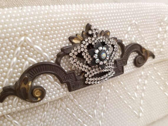 Vintage Ivory Beaded Clutch with Rhinestone Crown… - image 4