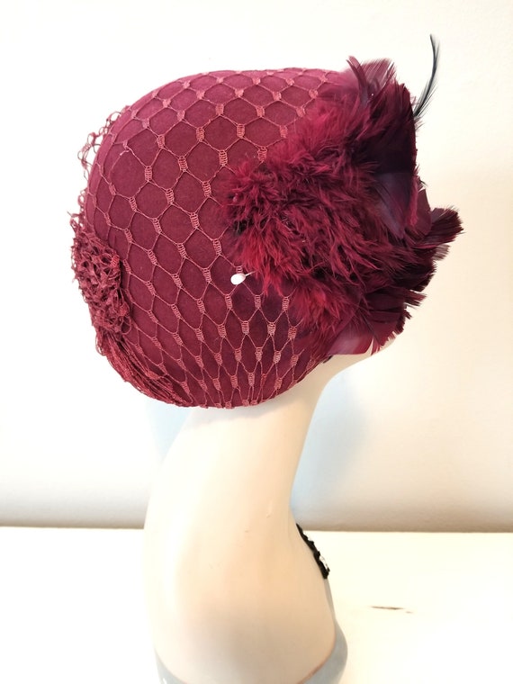 Vintage Burgundy Casque Style Hat with Net Veil O… - image 5