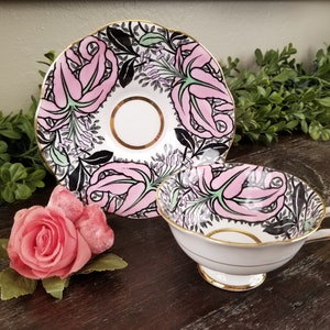 Vintage Rosina Pink Hand Painted Floral Teacup & Saucer * Made in England