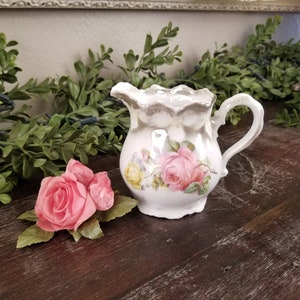 Antique Leuchtenburg German Porcelain Luster Creamer with Pink Cabbage Roses