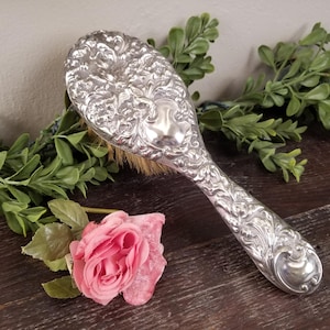 Antique Art Nouveau Silverplate Ornate Repousse Victorian Hair Brush with Cherub