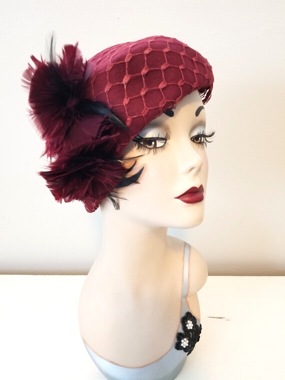 Vintage Burgundy Casque Style Hat with Net Veil O… - image 6