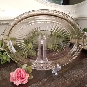 Vintage Pink Depression Glass Oval Platter w/ Handles Mayfair Open Rose by Hocking Glass 1930&#39;s