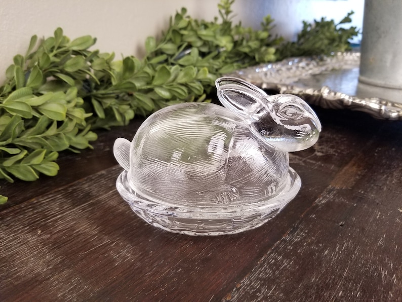 Vintage Clear Glass Bunny on Nest Rabbit on Nest Easter Etsy