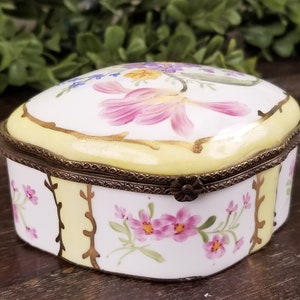 Vintage Large Limoges Trinket or Jewel Box Porcelain Hinged Lid Floral Yellow