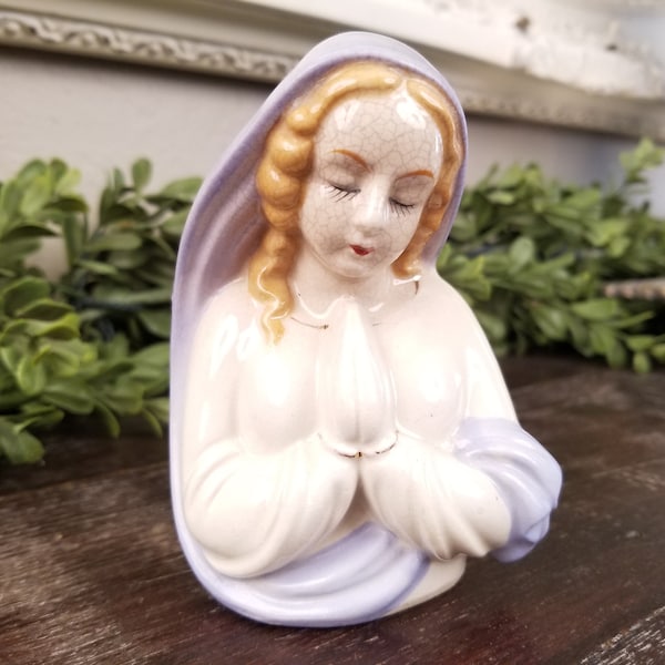 Vintage Virgin Mary Praying Hands Ceramic Vase / Planter by Florart