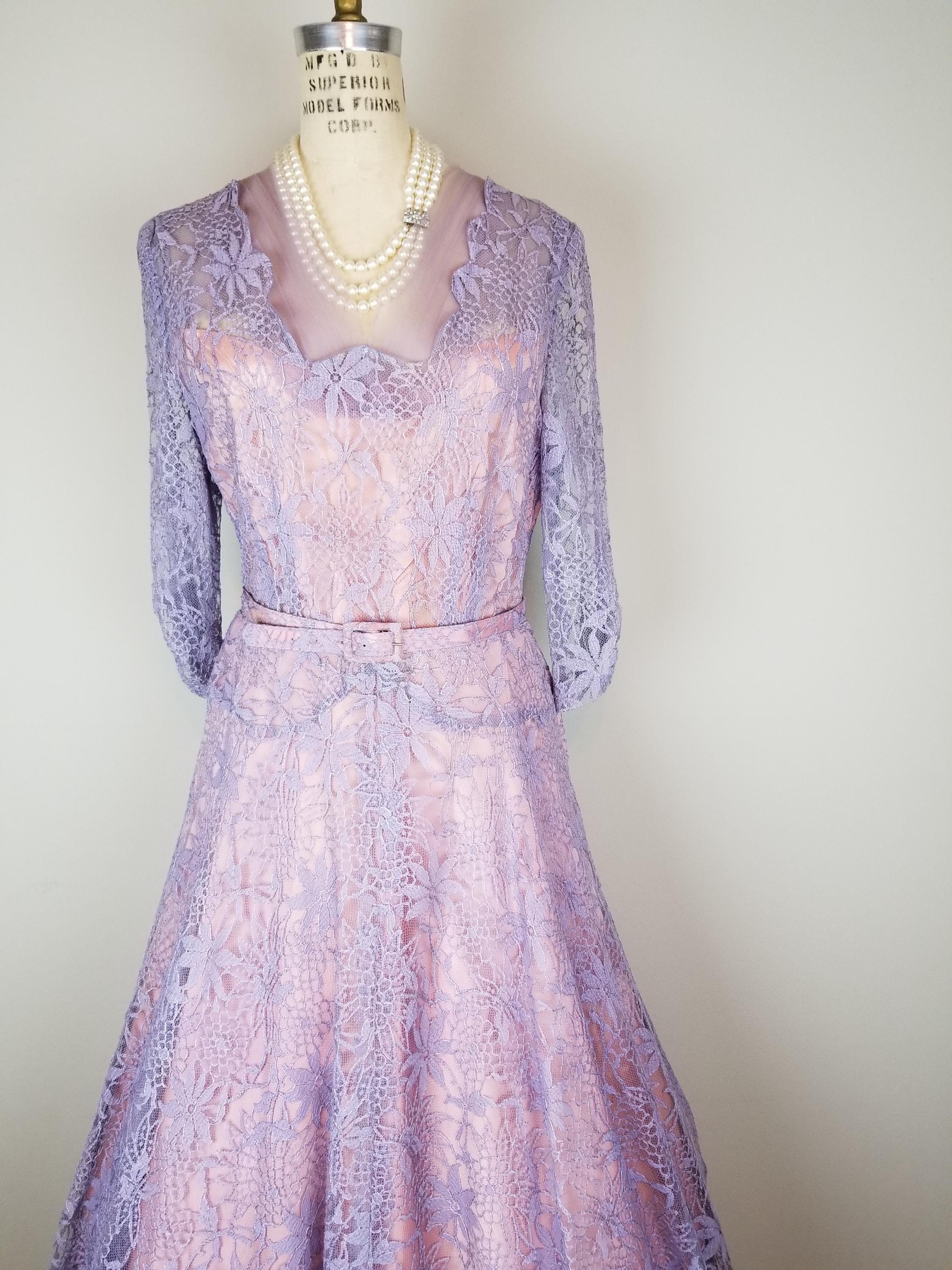 ワンピース 1940s Lavender Pink Lingerie Dress S Vintage 1940's Lavender Lace + Pink Satin Lining Belted A