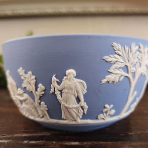 May include: A light blue ceramic bowl featuring white relief decorations of classical figures and trees. The matte finish surface displays a central figure holding a garland, surrounded by detailed botanical elements in a raised white texture.