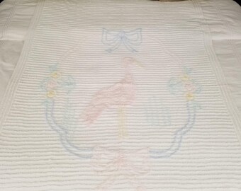 Vintage Chenille Baby Crib Blanket with Pink Stork Bird & Florals 40&quot; x 64&quot;