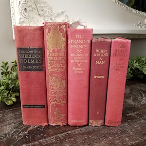 Antique Collection of Books in Red & Pink * Decorative Books * Photography Prop