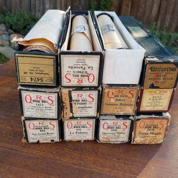 Antique 1910's Player Piano QRS Word Rolls Lot of 12 in Original Boxes