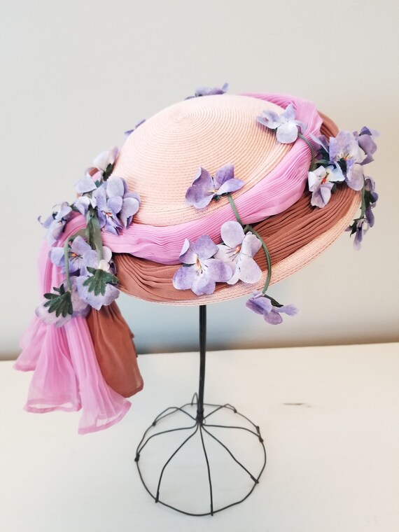 Vintage Lilly Dache Woven Hat with Lavender Flowe… - image 3