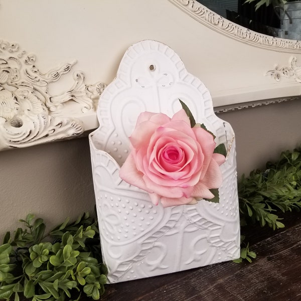 Vintage Style Shabby Chic White Embossed Tin Wall Pocket or Vase