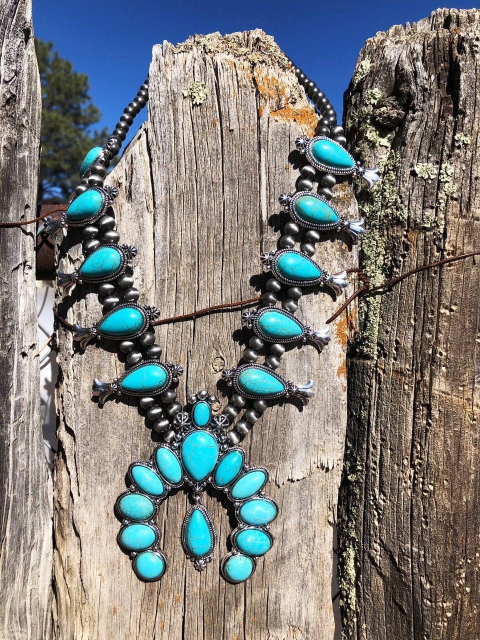 Turquoise Howlite Stone Squash Blossom Necklace Set