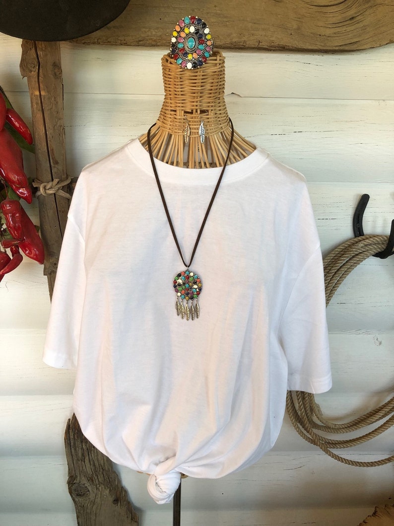 2 PC Multi-color Stone Aztec Feather Cord Necklace Set Western Tribal Fashion