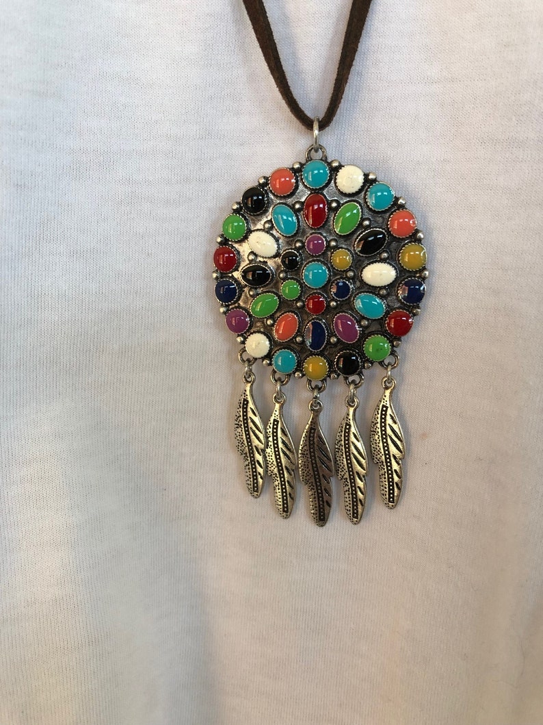 2 PC Multi-color Stone Aztec Feather Cord Necklace Set Western Tribal Fashion