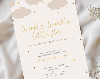 Editable Gender Reveal Invitation Template: Twinkle Star Theme (Canva Download)