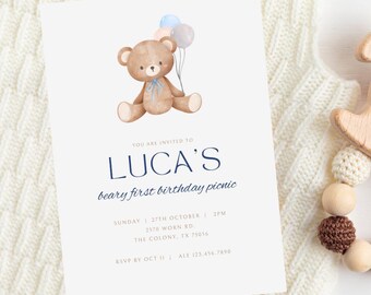 Editable Teddy Bear 1st Birthday Invitation: Neutral Theme (Canva Template)
