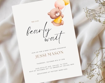Bear Baby Shower Invitation Template: We Can Bearly Wait (Canva Editable, Digital Download)
