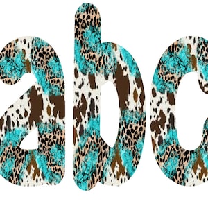 Cow Print Turquoise Alpha Font Sublimation Design Download