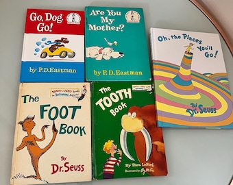 Lot of 5 Vintage Children's Books, Go Dog Go, The Foot Book Dr Seuss, Are you My Mother, The Tooth Book, The Places Go, Early Editions