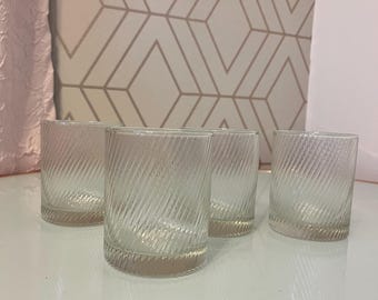 Set of 4 Double Old Fashioned Whiskey Rocks Clear Diagonal Ribbed Swirl Glasses