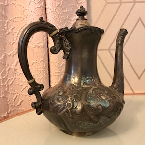 Antique 1890's Wilcox Quadruple Silver Plate Repousse Coffee Pot/Teapot, Victorian Pattern No. 5051 Roses and Scrolls
