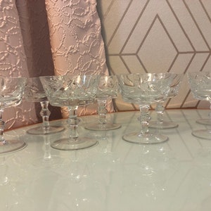 RARE Vintage Champagne Sherberts Cocktail Pinwheel Sears Set 8 Hungary Blown Crystal Glass Star Fan Wafer Stem Discontinued 70s Bohemian