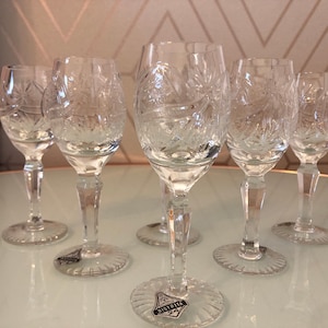 Vintage Brilliant Hand Cut Crystal Set of 6 Wine Cordial Sherry Port Aperitif Liqueur Glasses European Romania 24% PbO Leaded Crystal Star