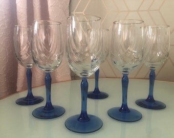 Set of 8 Crystal Wine Glasses Cobalt Saphire Blue Stem Libbey Swag Drape Clear Bowl 24k Gold Rim Barware Stemware Wedding Party