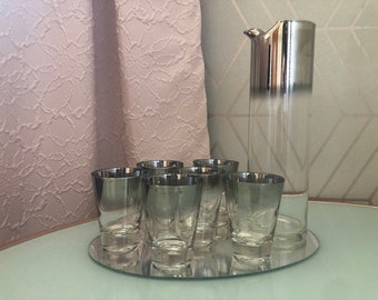 Mid Century Silver Fade Ombre Old Fashioned Rocks Glasses Martini Cocktail Pitcher Set MCM Barware Dorothy Thorpe Style Queens Lusterware