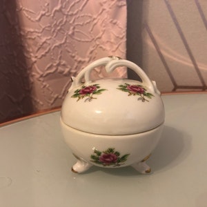Vintage Porcelain Trinket Box Hand Painted Pink Green Floral Gold Trim Handle Lid Dish Footed Shabby Chic Vanity