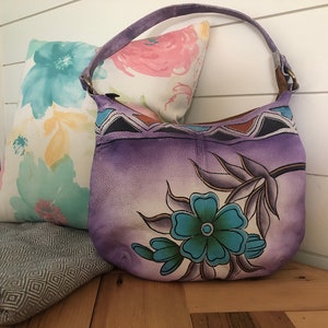 Vintage Greca Leather Shoulder Purse Bag Athens Greece Purple Blue Flowers Tribal Boho