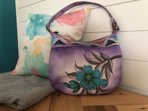 Vintage Greca Leather Shoulder Purse Bag Athens Greece Purple Blue  