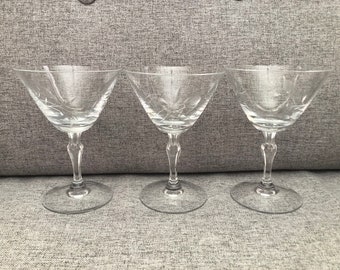 Fostoria Sweetheart Rose Crystal Champagne Glasses, Set of 3, Wine Glass, Sherbet, Cocktail, Martini, Stem 6092, Cut 877, Discontinued Rare
