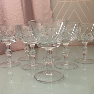 RARE Vintage Cocktail Coupe Martini Wine Glass Pinwheel Sears Set 7 Hungary Blown Crystal Star Fan Wafer Stem Discontinued 70s Bohemian
