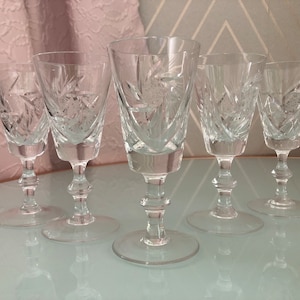 RARE Vintage Crystal Sherry Wine Glasses Pinwheel Sears Set 5 Hungary Blown Crystal Glass Star Fan Wafer Stem Discontinued 70s Bohemian