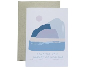 May include: A white card with a blue and purple mountain landscape and the text "Sending you waves of healing".