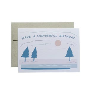 May include: A white card with a blue and pink illustration of a winter scene with two pine trees and a sun. The text "HAVE A WONDERFUL BIRTHDAY" is written in blue.